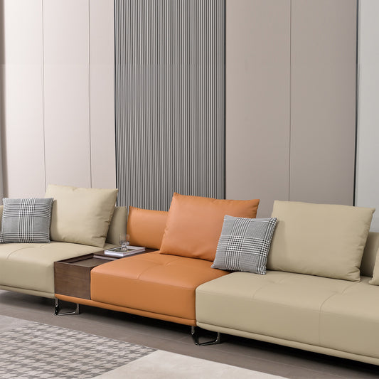 Mokdern 4-seat stitching leather sofa with footrest and wood box