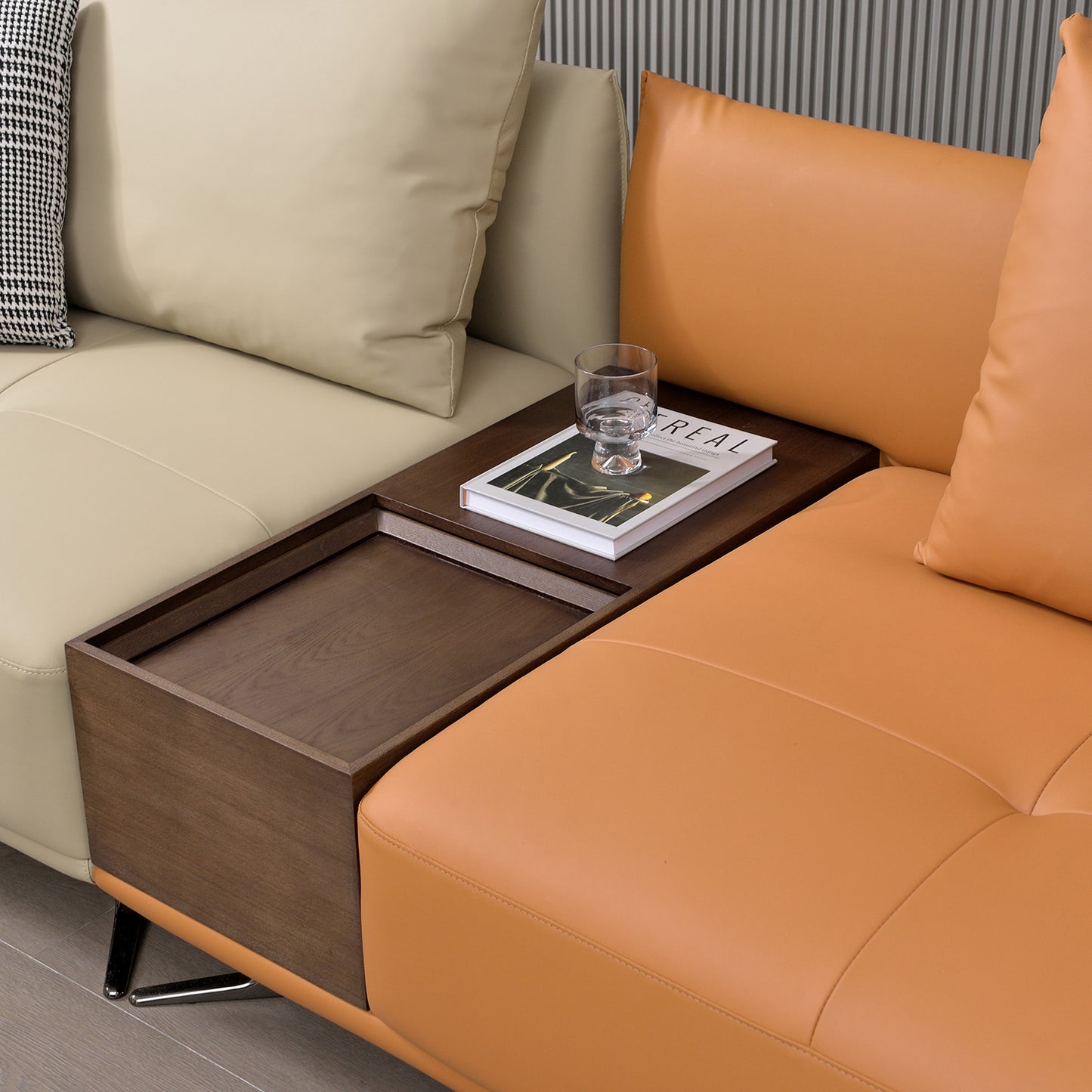 Mokdern 4-seat stitching leather sofa with footrest and wood box