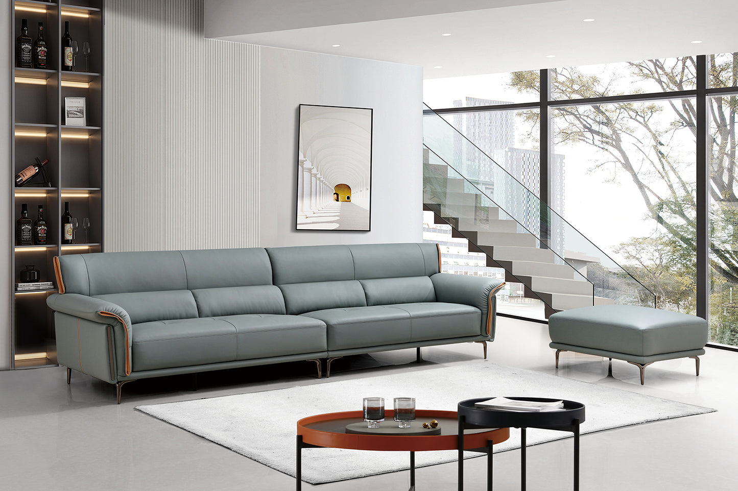 Mokdern European Style 4-Seat Leather Sofa With Footrest