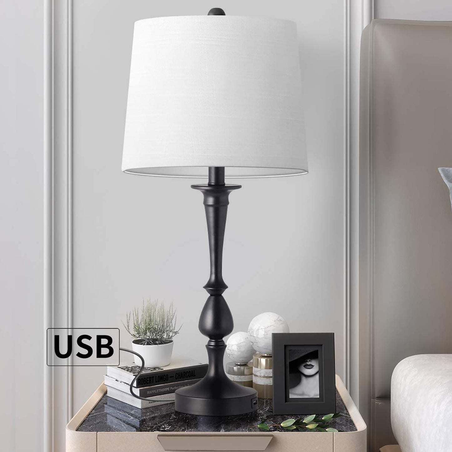 Mokdern Table Lamp Set of Two, Bedroom Table Lamp, Black Hardware