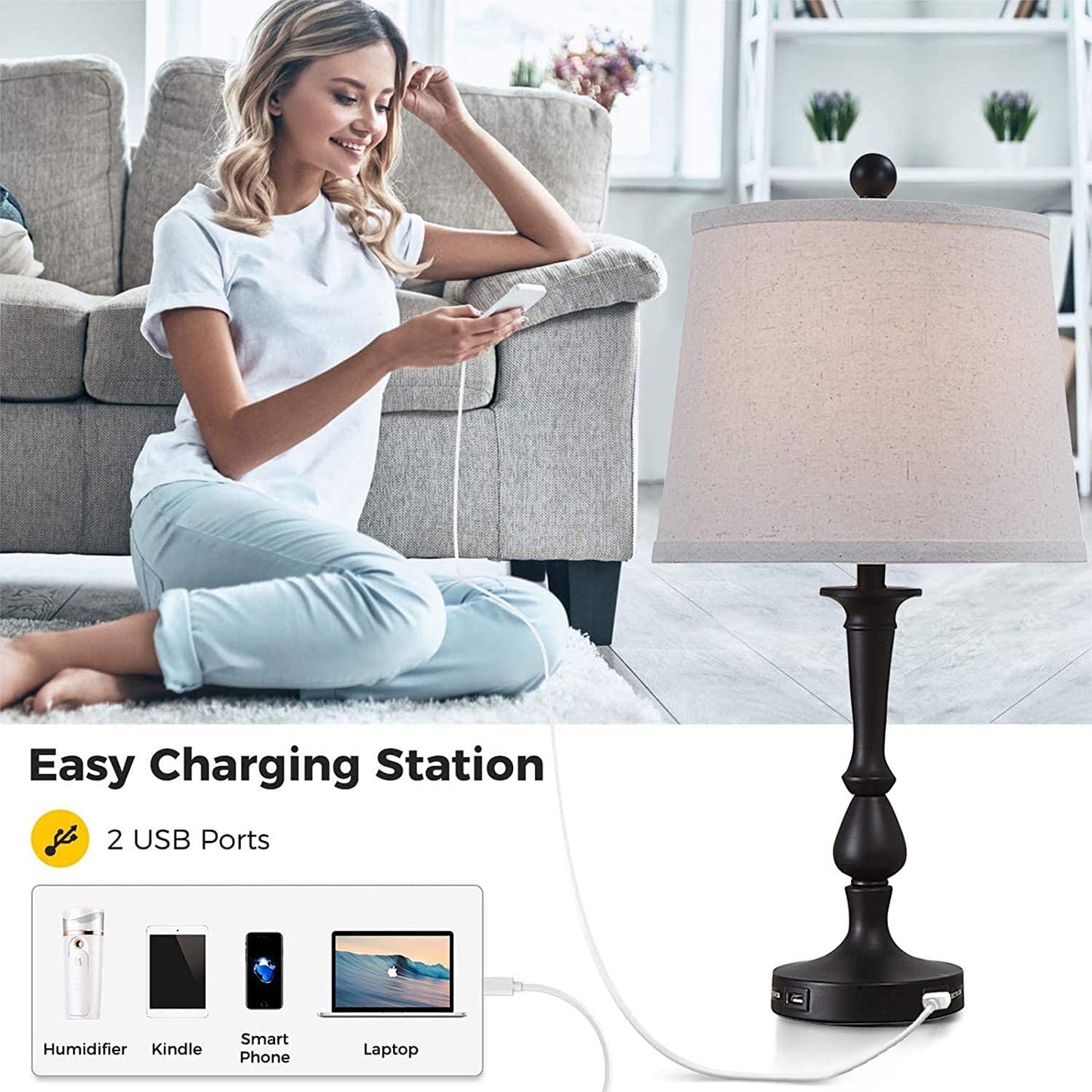 Mokdern Table Lamp Set of Two, Bedroom Table Lamp, Black Hardware