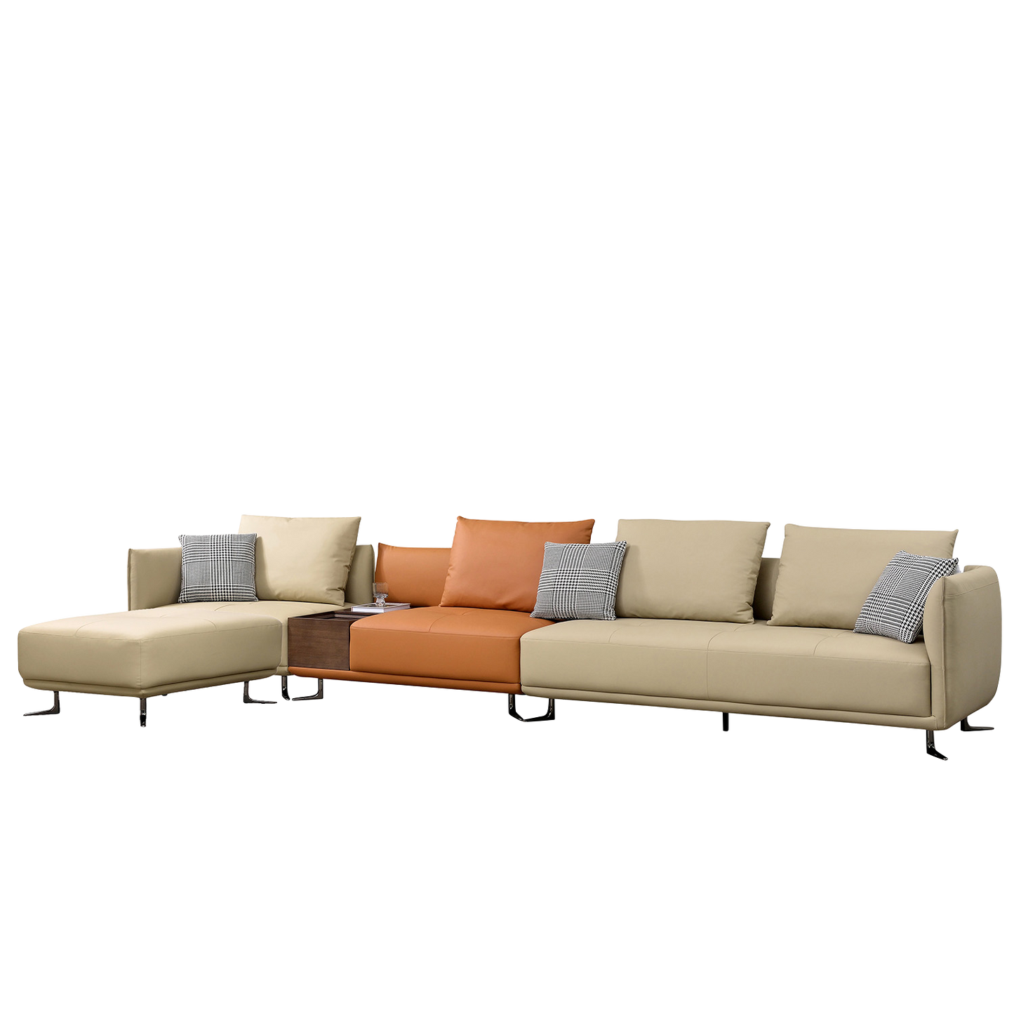 Mokdern 4-seat stitching leather sofa with footrest and wood box