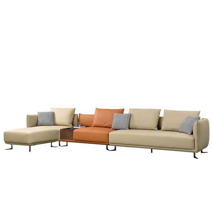 Mokdern 4-seat stitching leather sofa with footrest and wood box